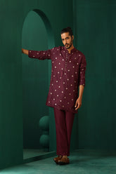 Truebrowns Men'S Wine Diamond Viscose Silk Co-Ord Set